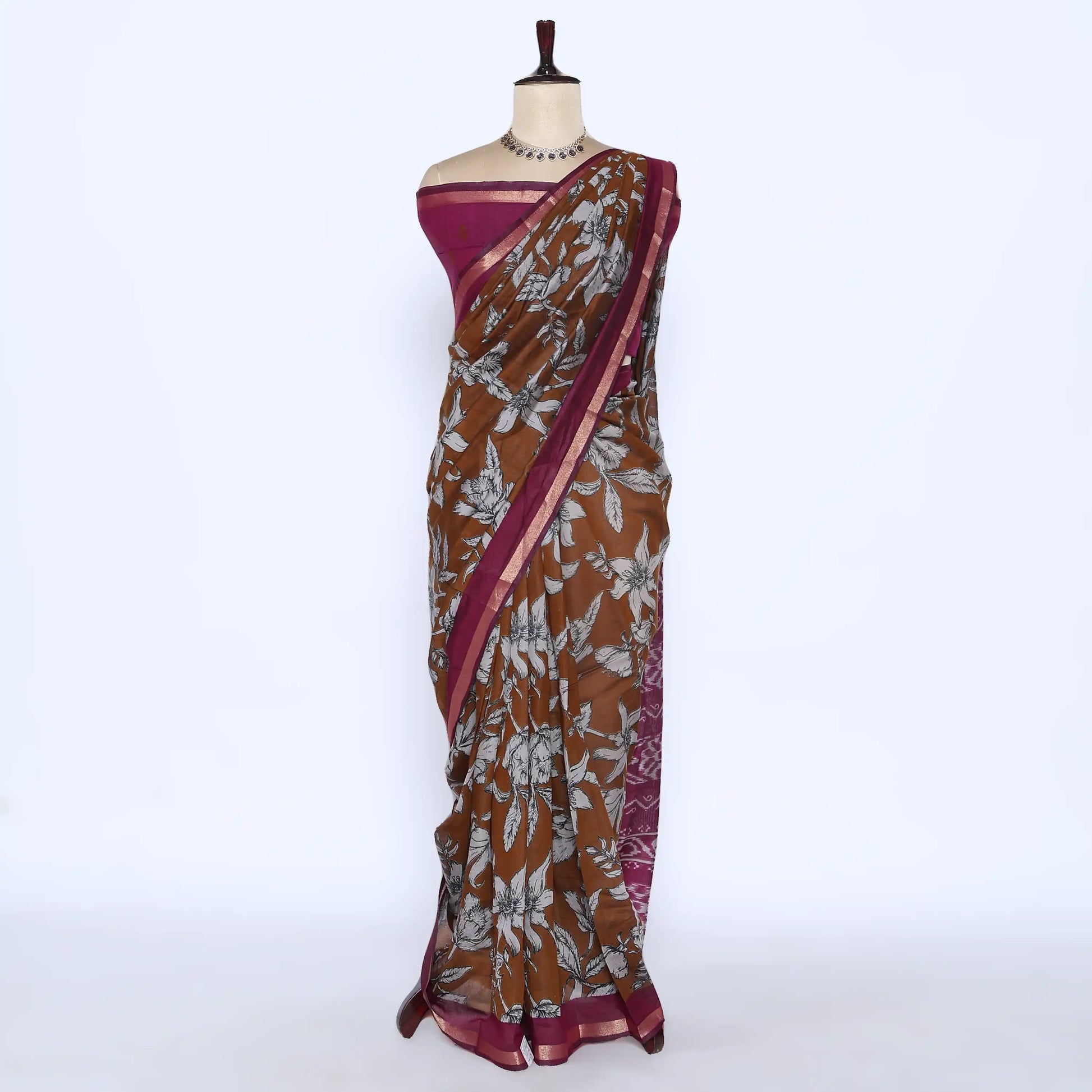 Brown Semi Chanderi Sarees for Women | Temple Visits & Summer Events Collection | Jeyachandran - Full View
