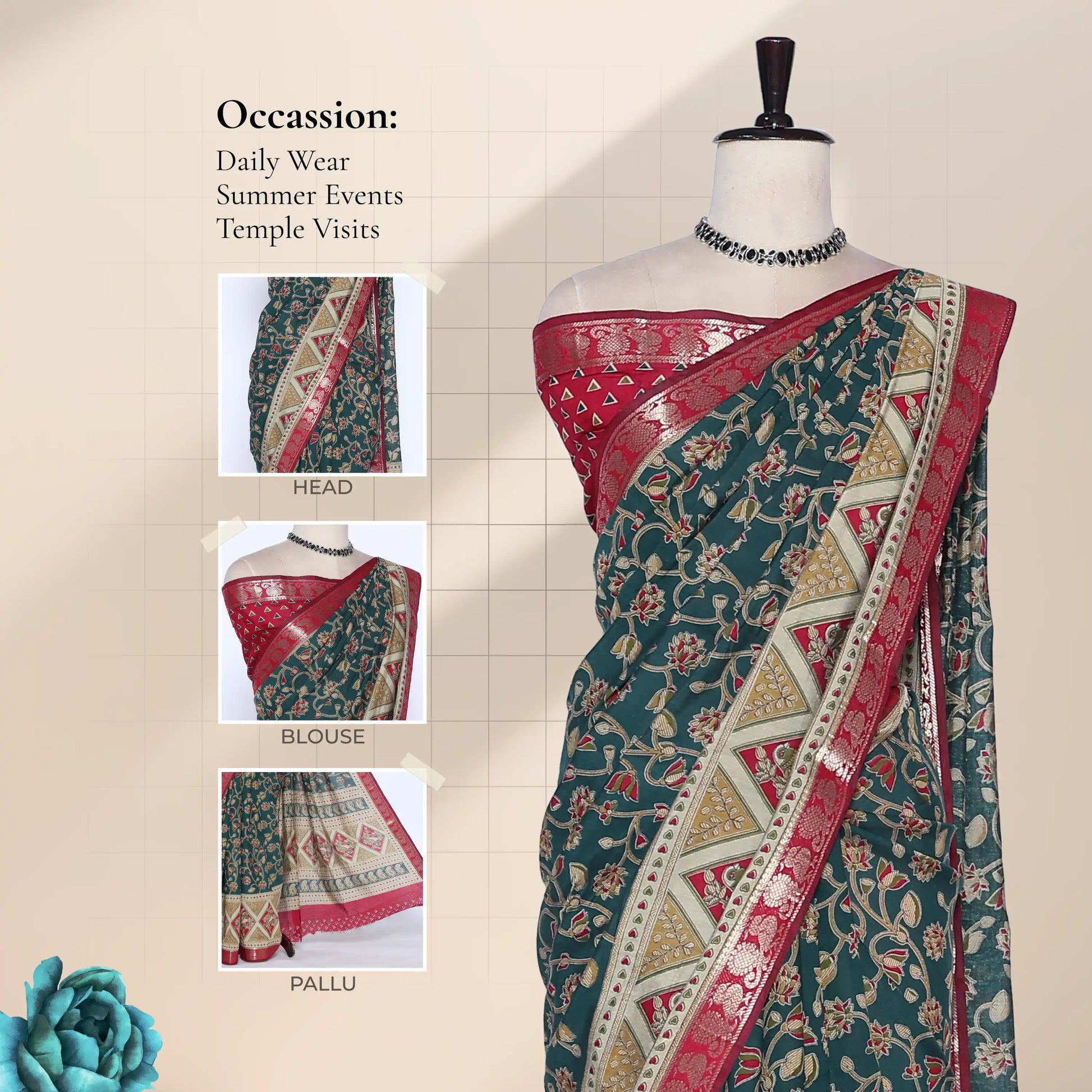 Semi Chanderi saree with floral vine print contrast zari woven border and decorative pallu front drape view on mannequin