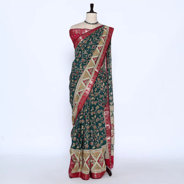 Green Semi Chanderi Sarees for Women | Temple Visits & Summer Events Collection | Jeyachandran - Full View
