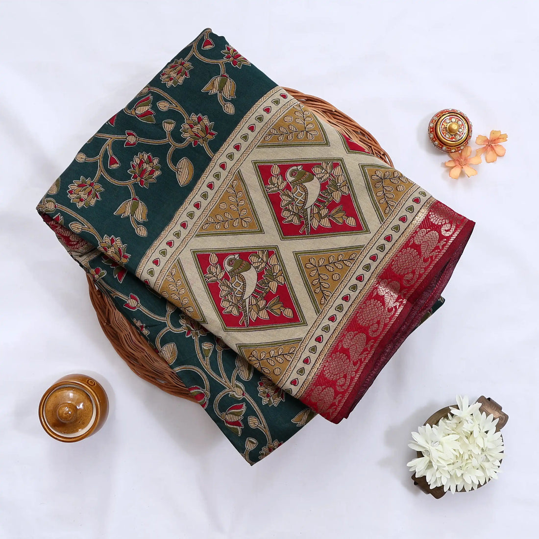 Green Semi Chanderi Sarees for Women | Temple Visits & Summer Events Collection | Jeyachandran - Full View
