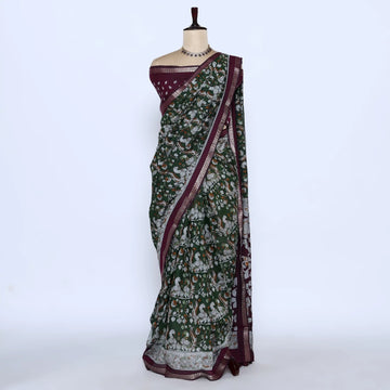 Green Semi Chanderi Sarees for Women | Temple Visits & Summer Events Collection | Jeyachandran - Full View
