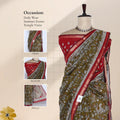 Green Semi Chanderi Saree with Floral Vine Print and Zari Border on Mannequin - Front View