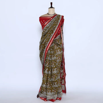 Green Semi Chanderi Sarees for Women | Temple Visits & Summer Events Collection | Jeyachandran - Full View
