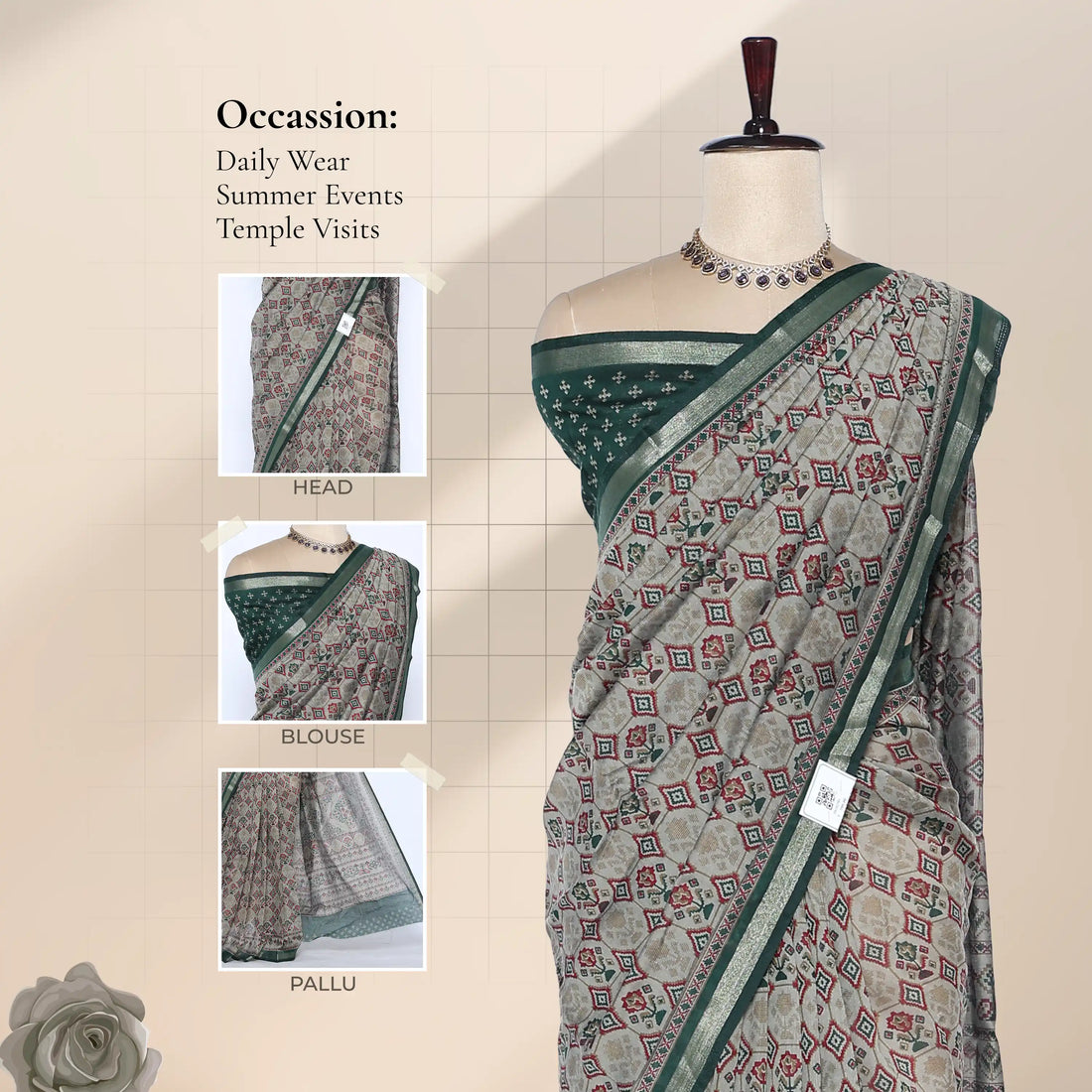 Green Semi Chanderi Sarees for Women | Temple Visits & Summer Events Collection | Jeyachandran - Full View
