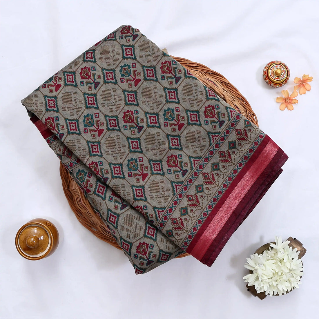 Maroon Semi Chanderi Sarees for Women | Temple Visits & Summer Events Collection | Jeyachandran - Full View
