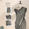 Semi Chanderi saree with gold zari border and floral print in green front view on mannequin for daily wear