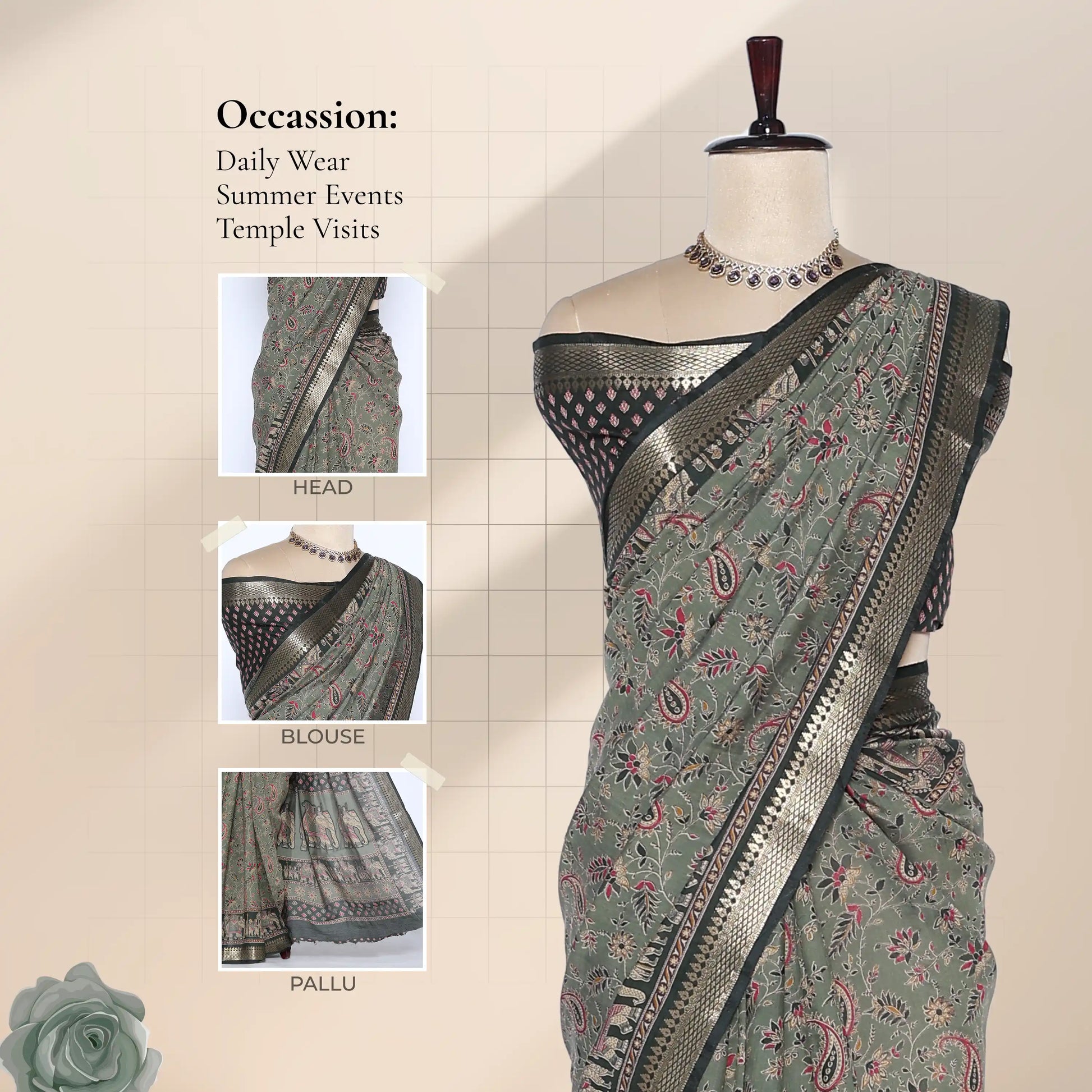 Semi Chanderi saree with gold zari border and floral print in green front view on mannequin for daily wear