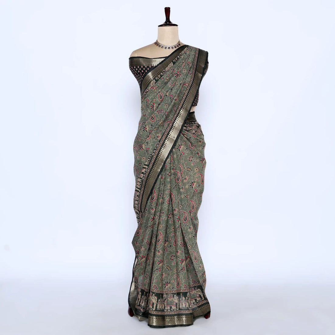 Green Semi Chanderi Sarees for Women | Temple Visits & Summer Events Collection | Jeyachandran - Full View
