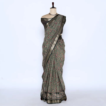 Green Semi Chanderi Sarees for Women | Temple Visits & Summer Events Collection | Jeyachandran - Full View

