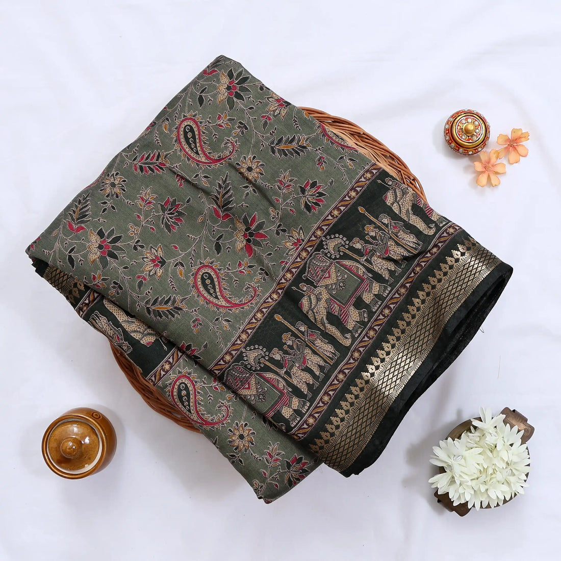 Green Semi Chanderi Sarees for Women | Temple Visits & Summer Events Collection | Jeyachandran - Full View
