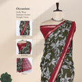 Semi Chanderi saree with large floral print green body and red zari border front view on mannequin