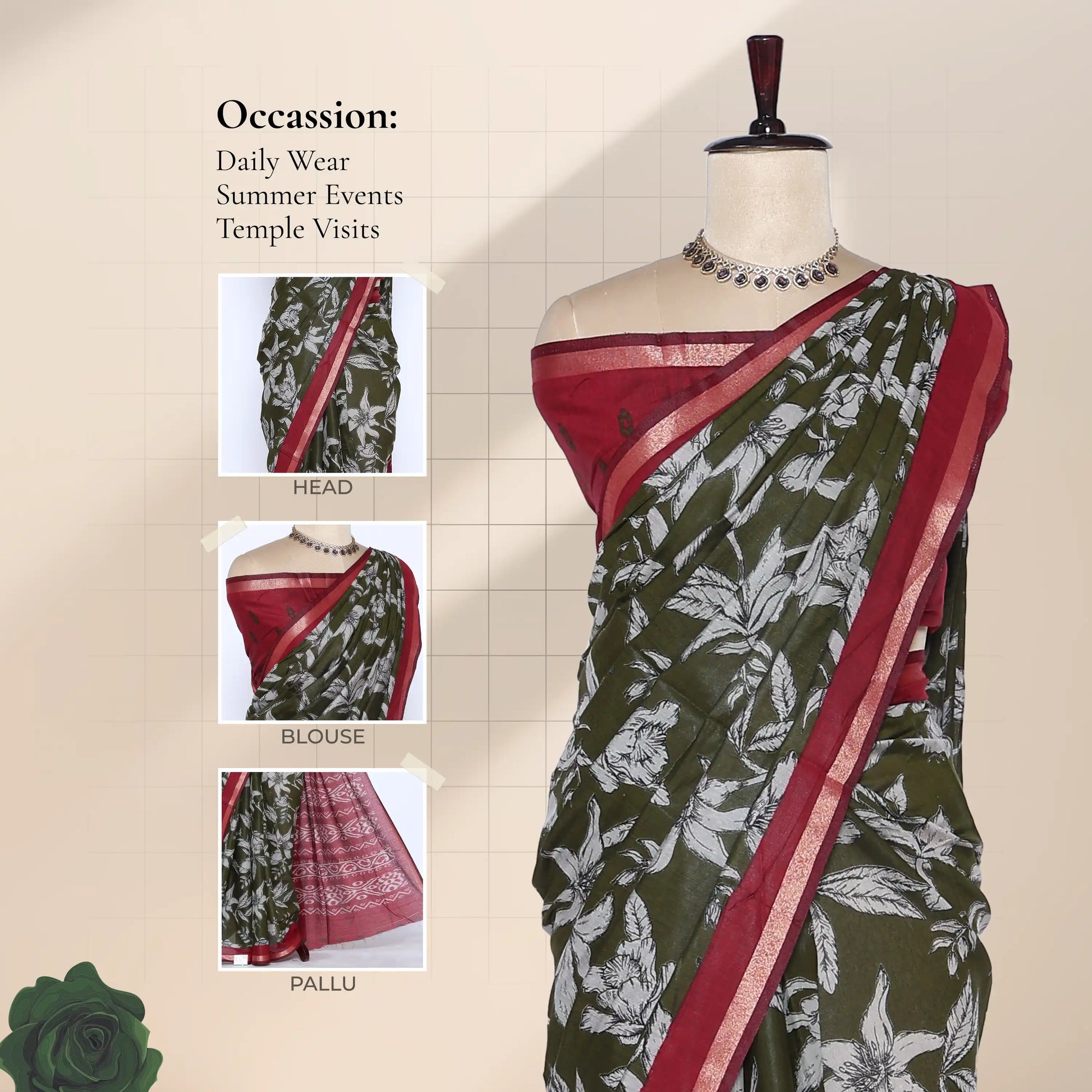 Semi Chanderi saree with large floral print green body and red zari border front view on mannequin