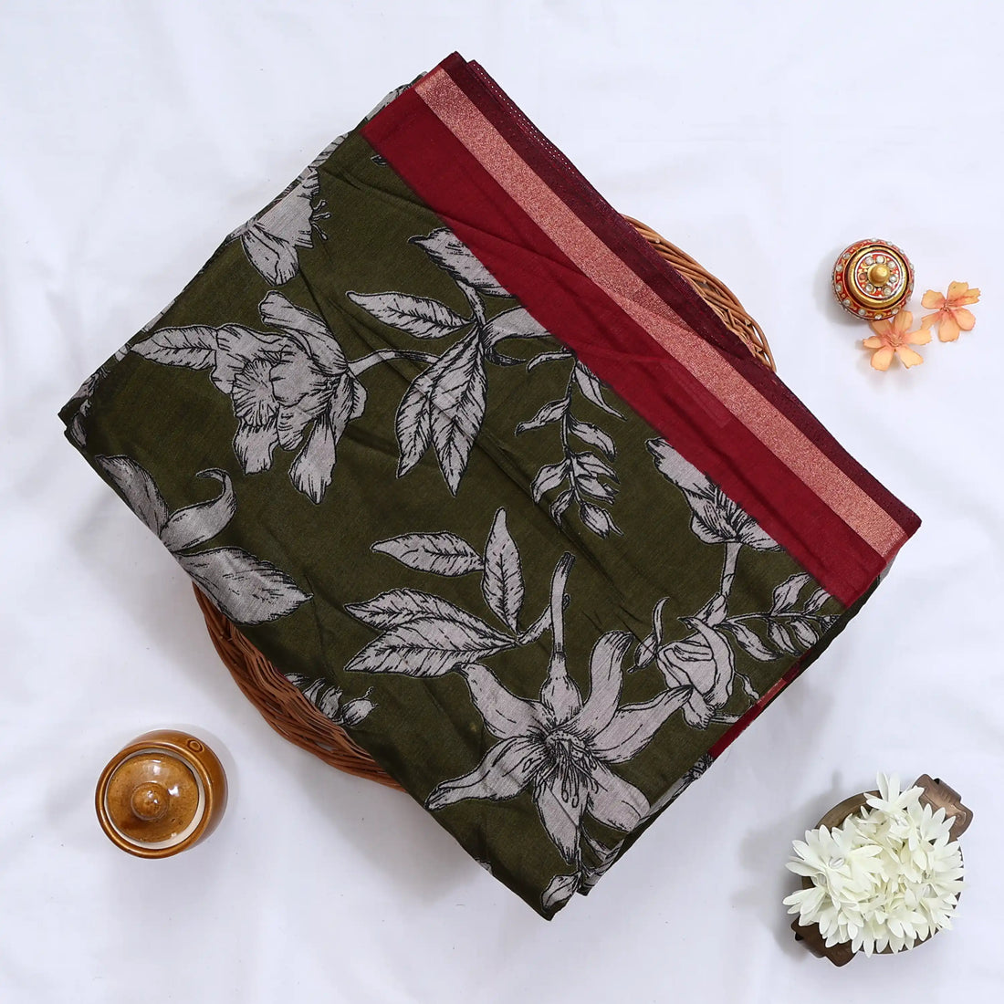 Green Semi Chanderi Sarees for Women | Temple Visits & Summer Events Collection | Jeyachandran - Full View
