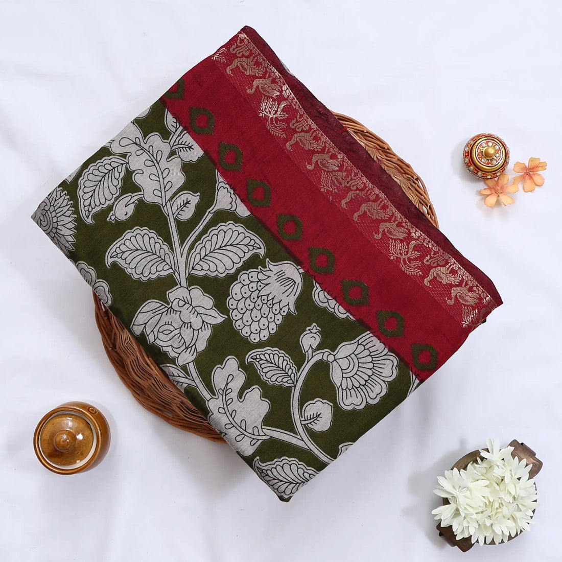 Green Semi Chanderi Sarees for Women | Temple Visits & Summer Events Collection | Jeyachandran - Full View
