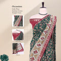 Semi Chanderi saree with floral vine print contrast zari woven border and decorative pallu front drape view on mannequin