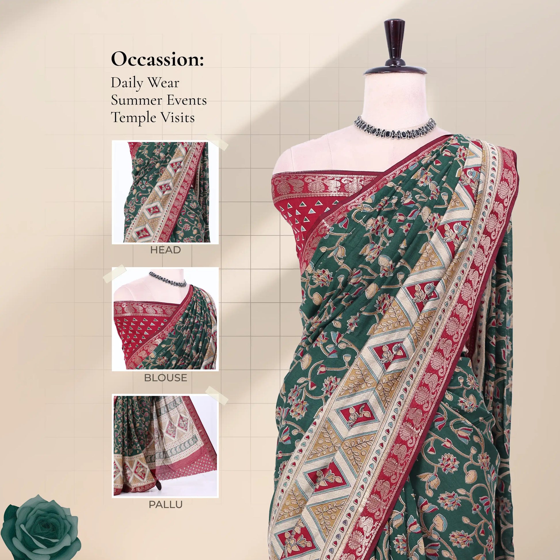 Semi Chanderi saree with floral vine print contrast zari woven border and decorative pallu front drape view on mannequin