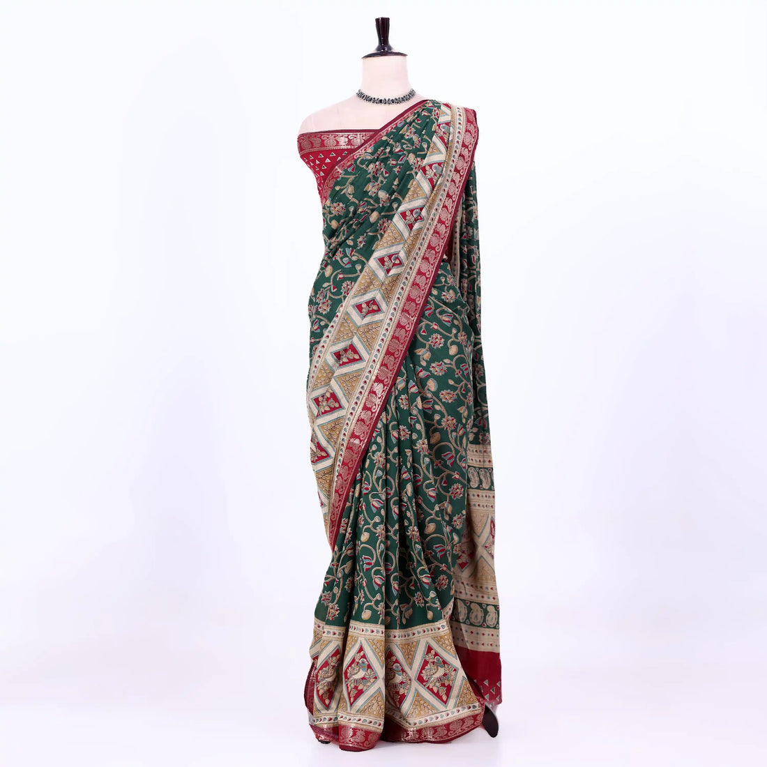 Green Semi Chanderi Sarees for Women | Temple Visits & Summer Events Collection | Jeyachandran - Full View
