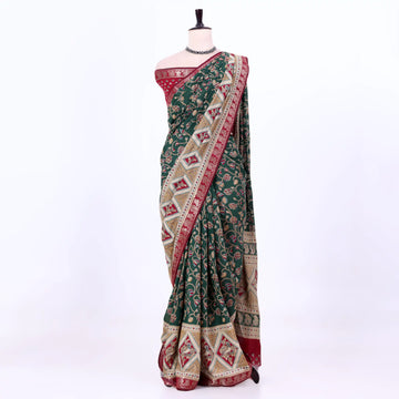 Green Semi Chanderi Sarees for Women | Temple Visits & Summer Events Collection | Jeyachandran - Full View
