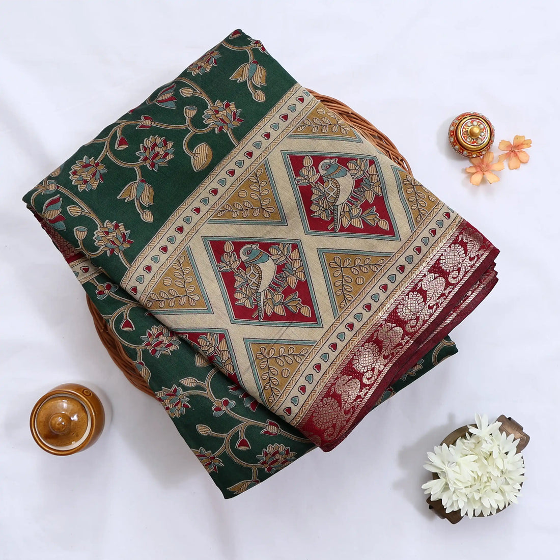 Green Semi Chanderi Sarees for Women | Temple Visits & Summer Events Collection | Jeyachandran - Full View
