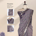 Semi Chanderi saree with gold zari border and floral print in lavender  front view on mannequin for daily wear
