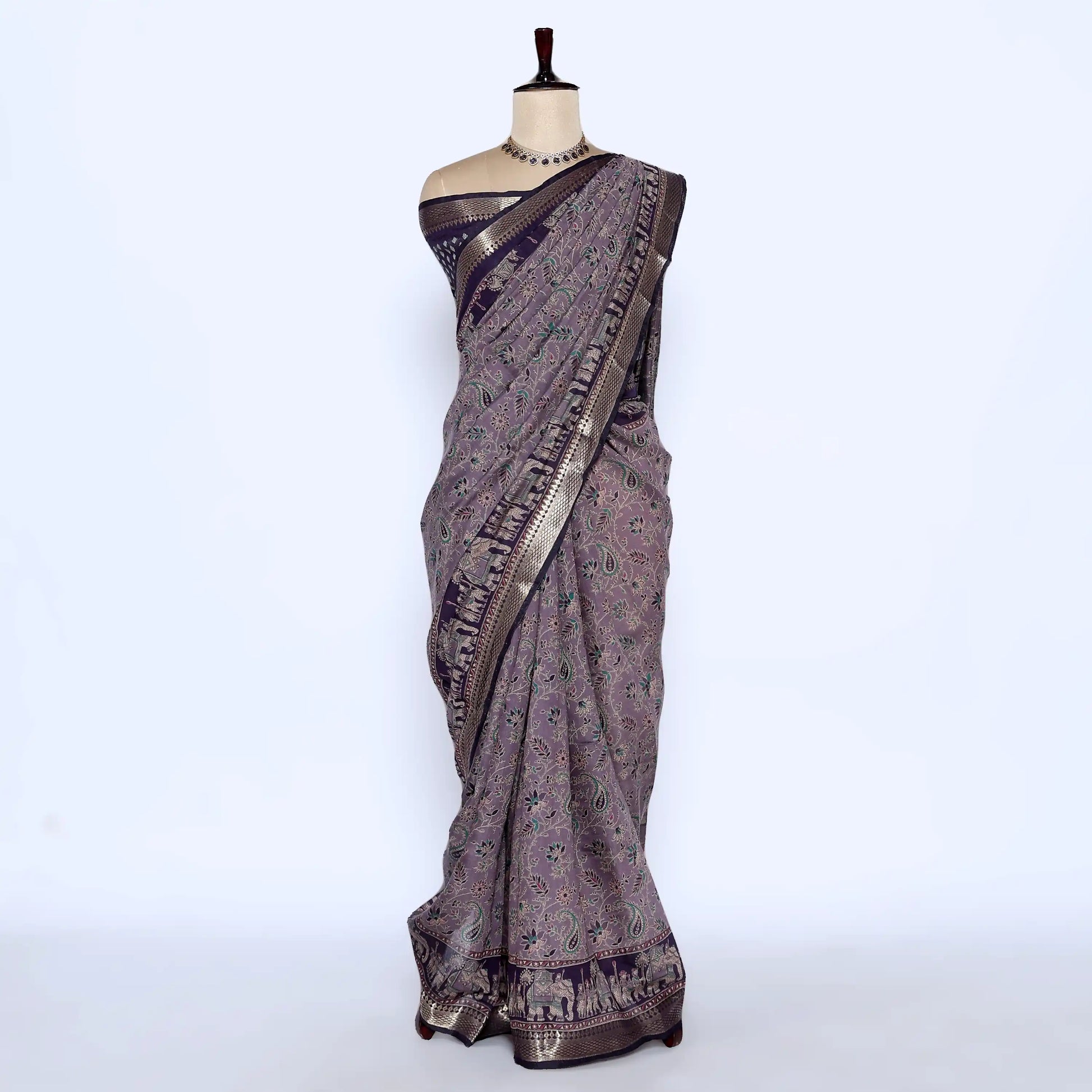 Lavender Semi Chanderi Sarees for Women | Temple Visits & Summer Events Collection | Jeyachandran - Full View
