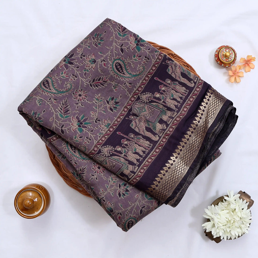Lavender Semi Chanderi Sarees for Women | Temple Visits & Summer Events Collection | Jeyachandran - Full View
