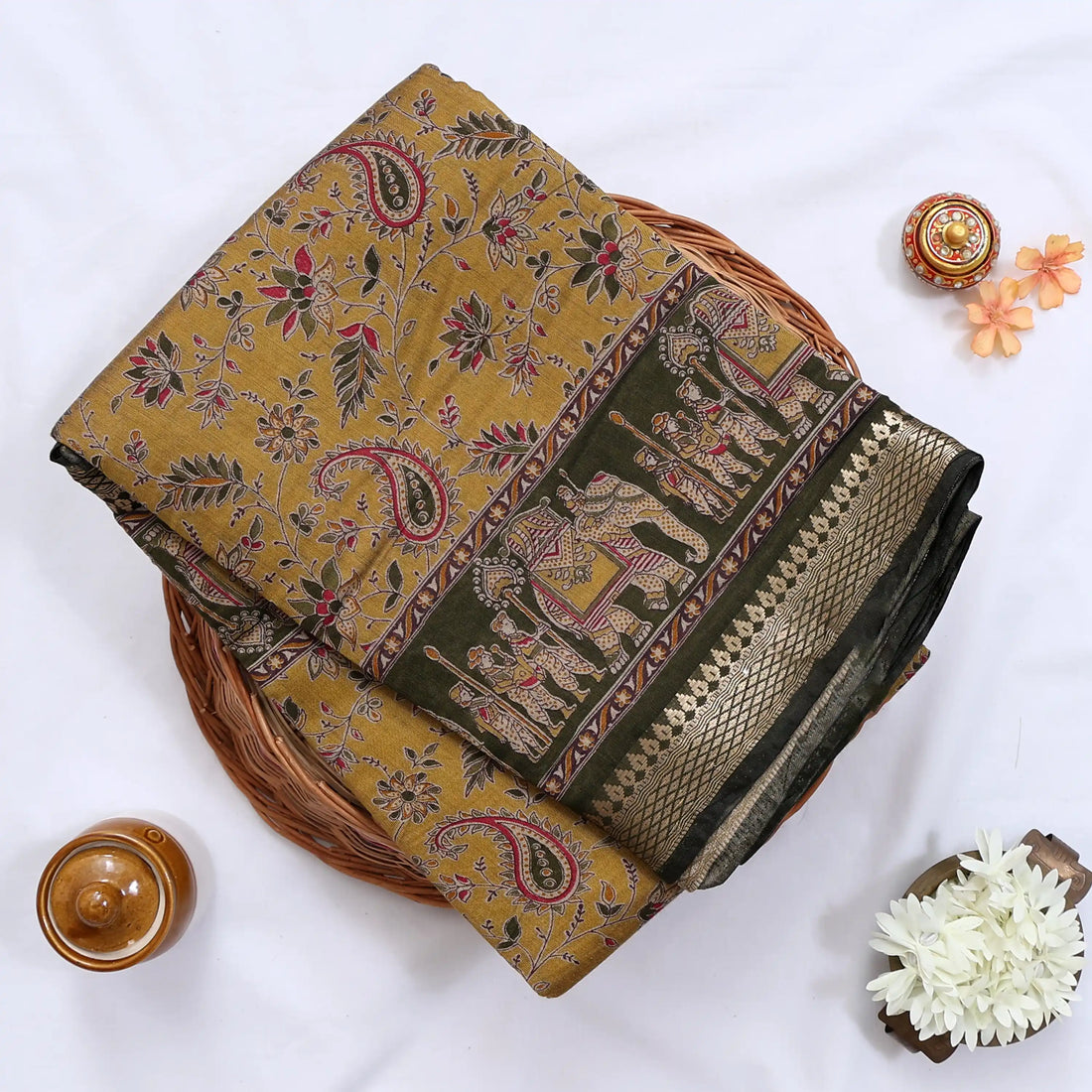 Green Semi Chanderi Sarees for Women | Temple Visits & Summer Events Collection | Jeyachandran - Full View

