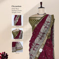 Maroon Semi Chanderi Saree with Peacock & Floral Zari Border and Traditional Temple Art Print - Front View