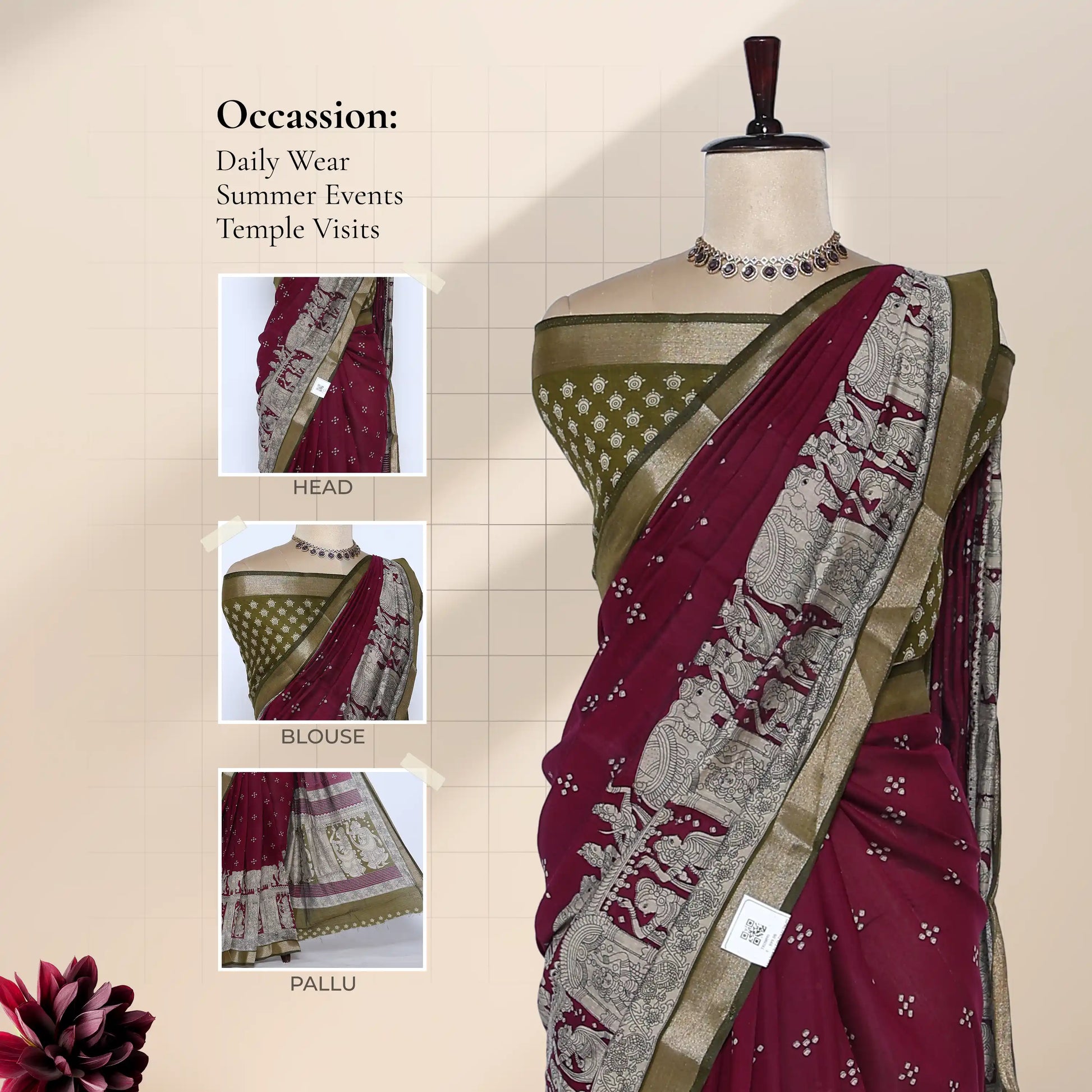 Maroon Semi Chanderi Saree with Peacock & Floral Zari Border and Traditional Temple Art Print - Front View