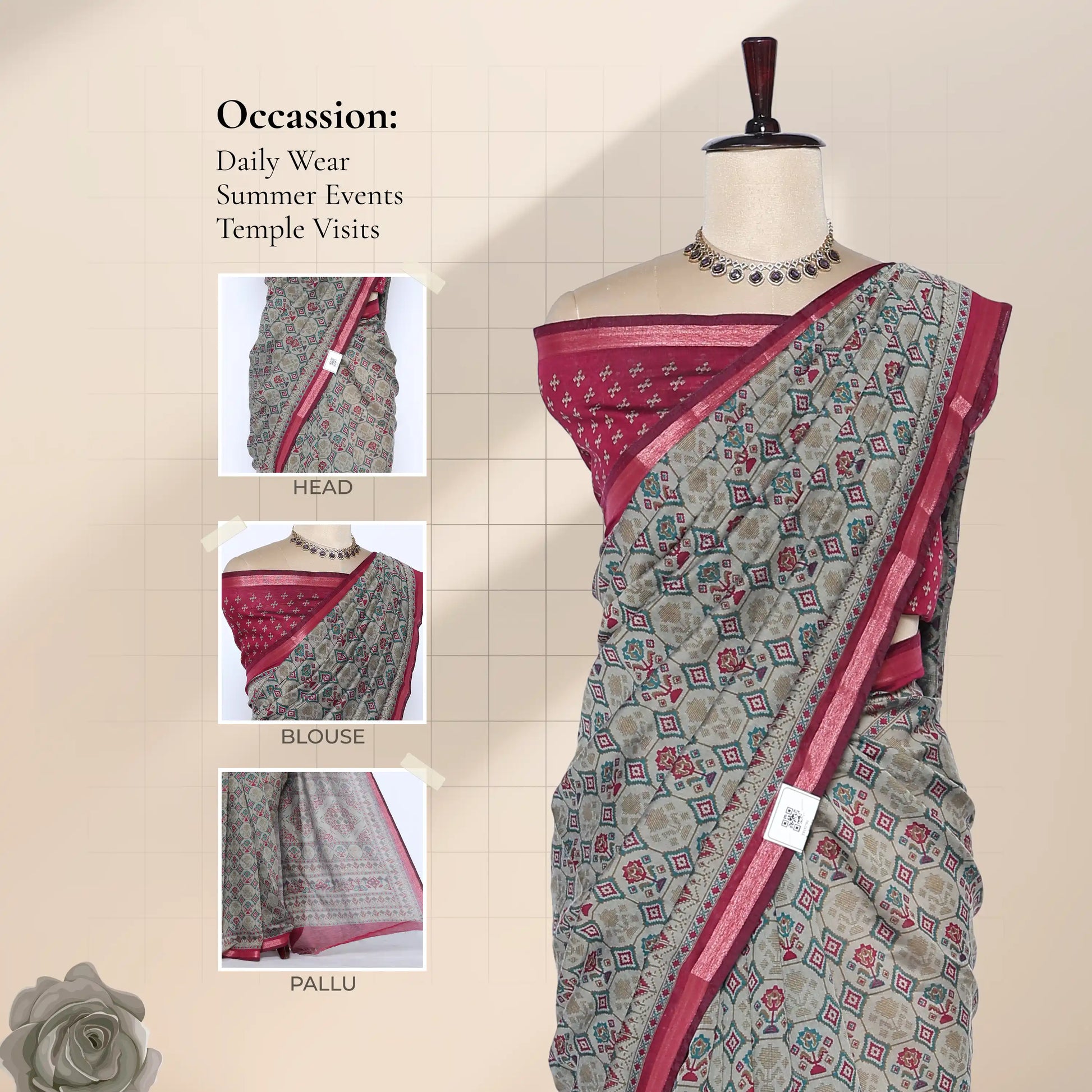 Grey Semi Chanderi Saree with Geometric Print and Maroon Zari Border on Mannequin - Front View