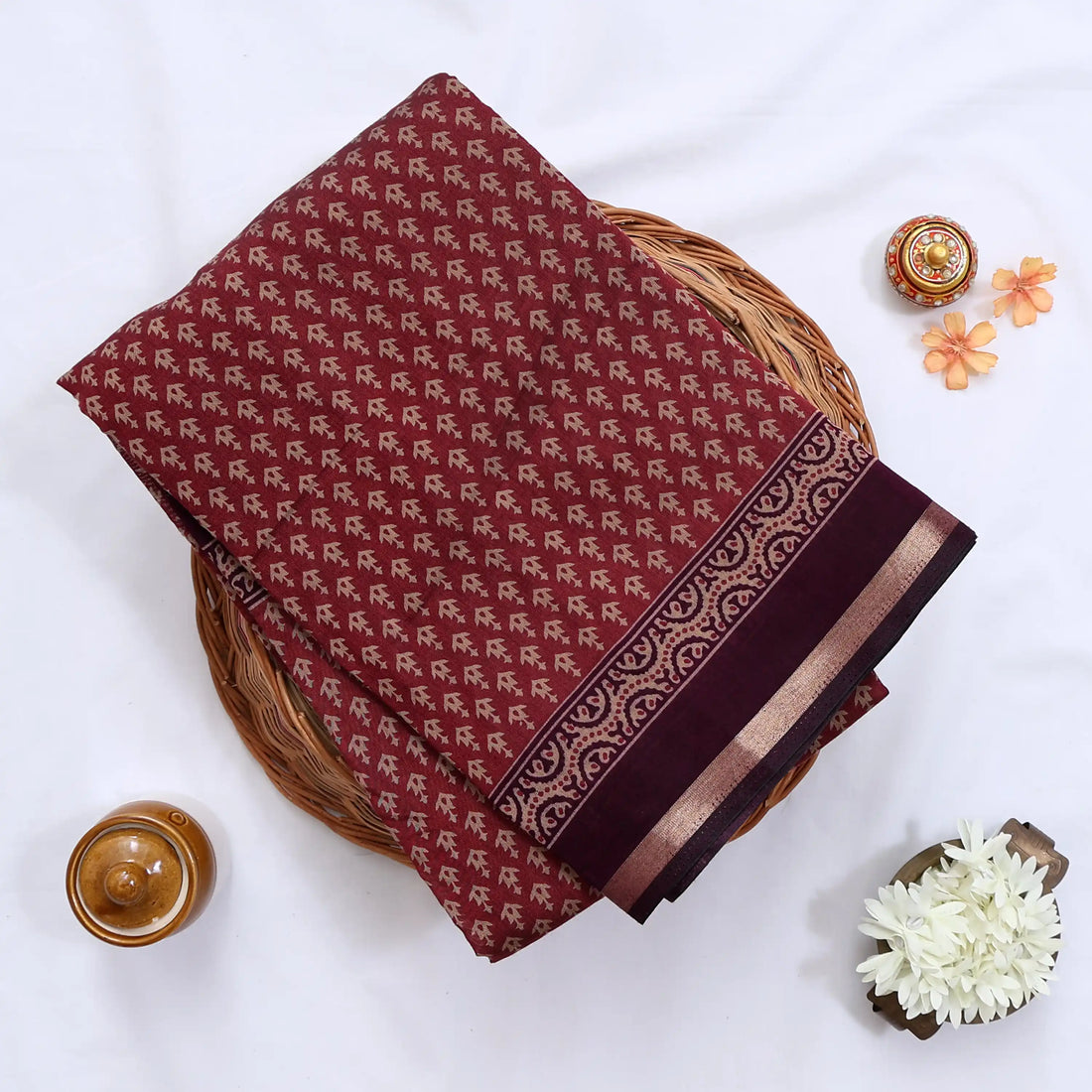 Maroon Semi Chanderi Sarees for Women | Temple Visits & Summer Events Collection | Jeyachandran - Full View
