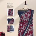 Semi Chanderi saree with large floral print maroon body and navy zari border front view on mannequin