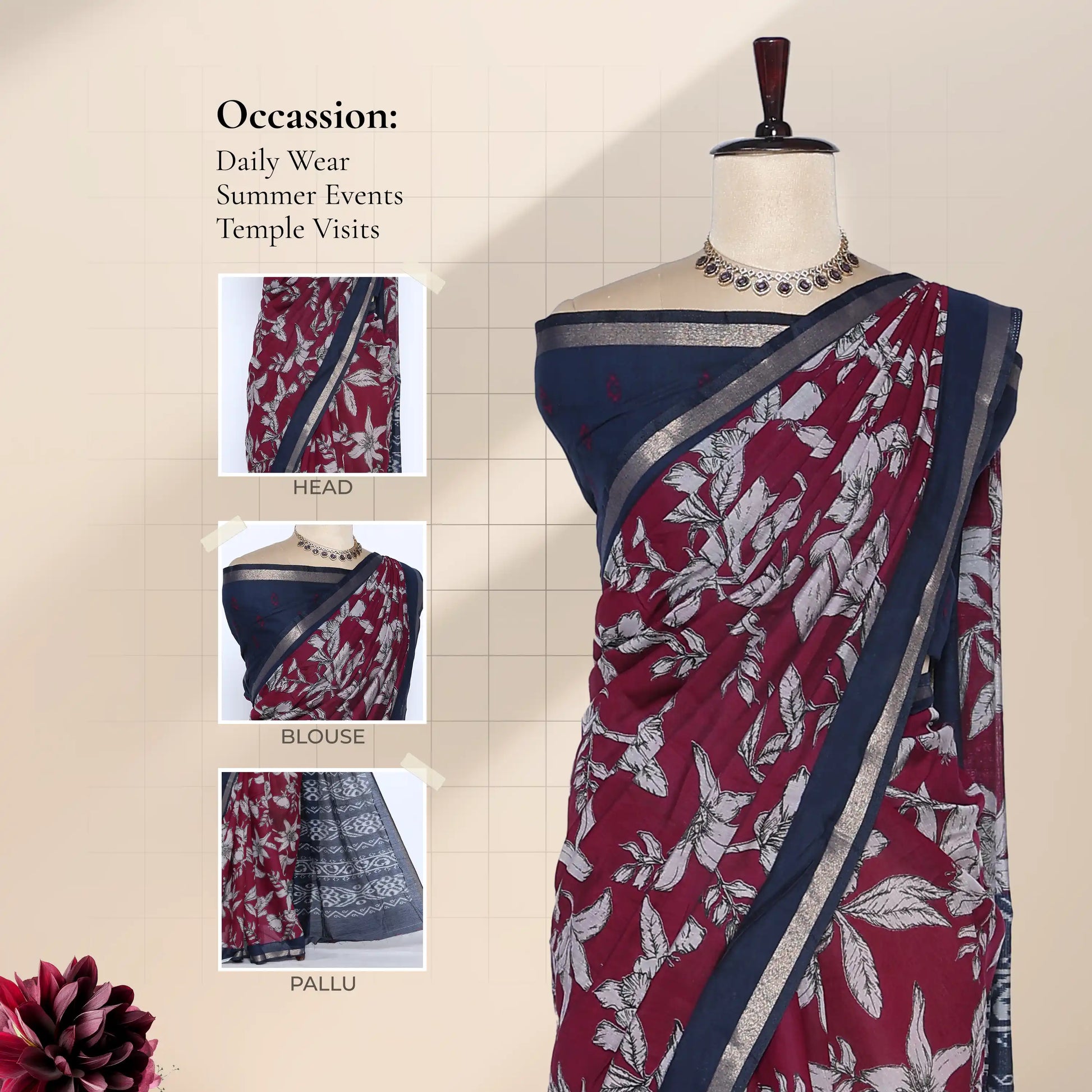 Semi Chanderi saree with large floral print maroon body and navy zari border front view on mannequin