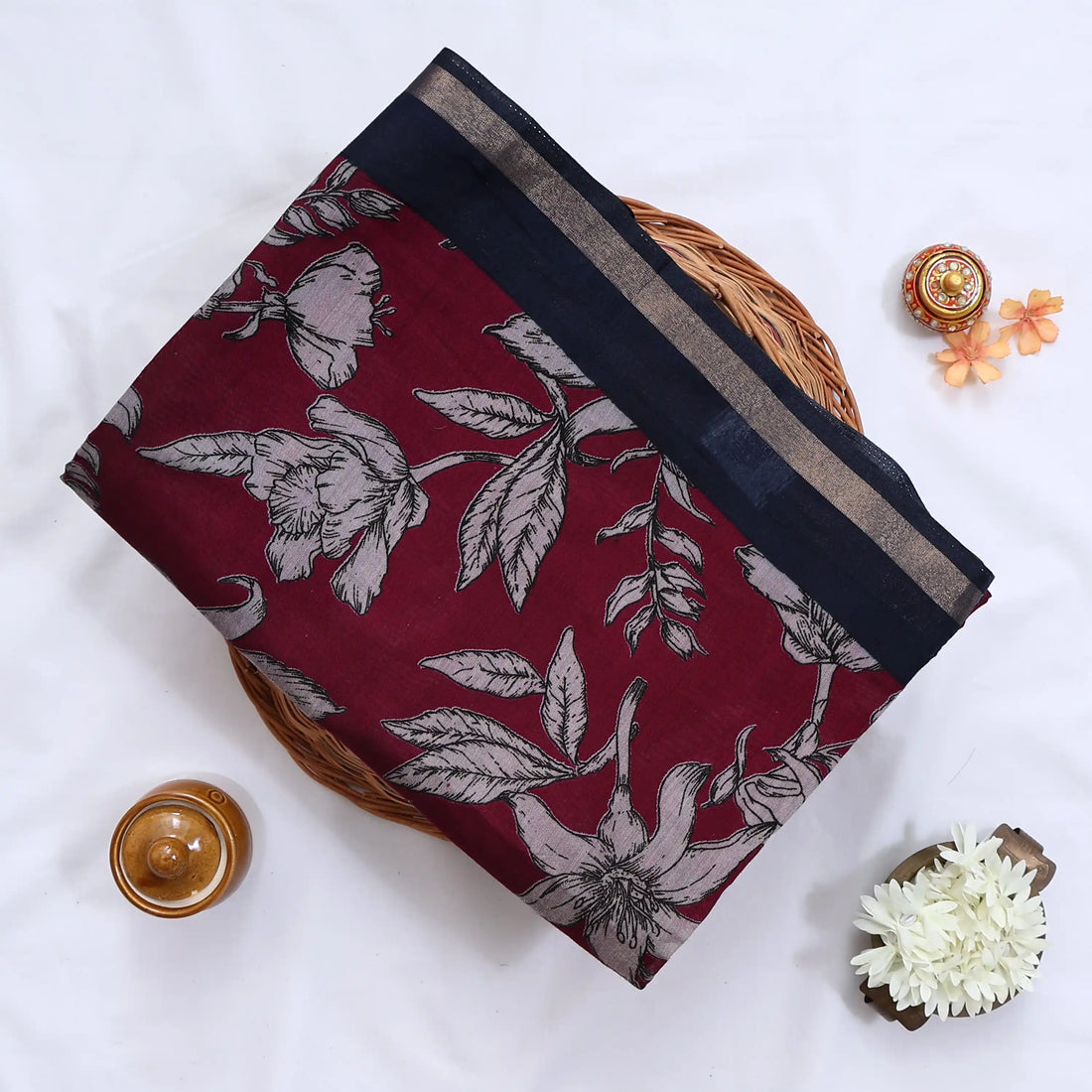 Maroon Semi Chanderi Sarees for Women | Temple Visits & Summer Events Collection | Jeyachandran - Full View
