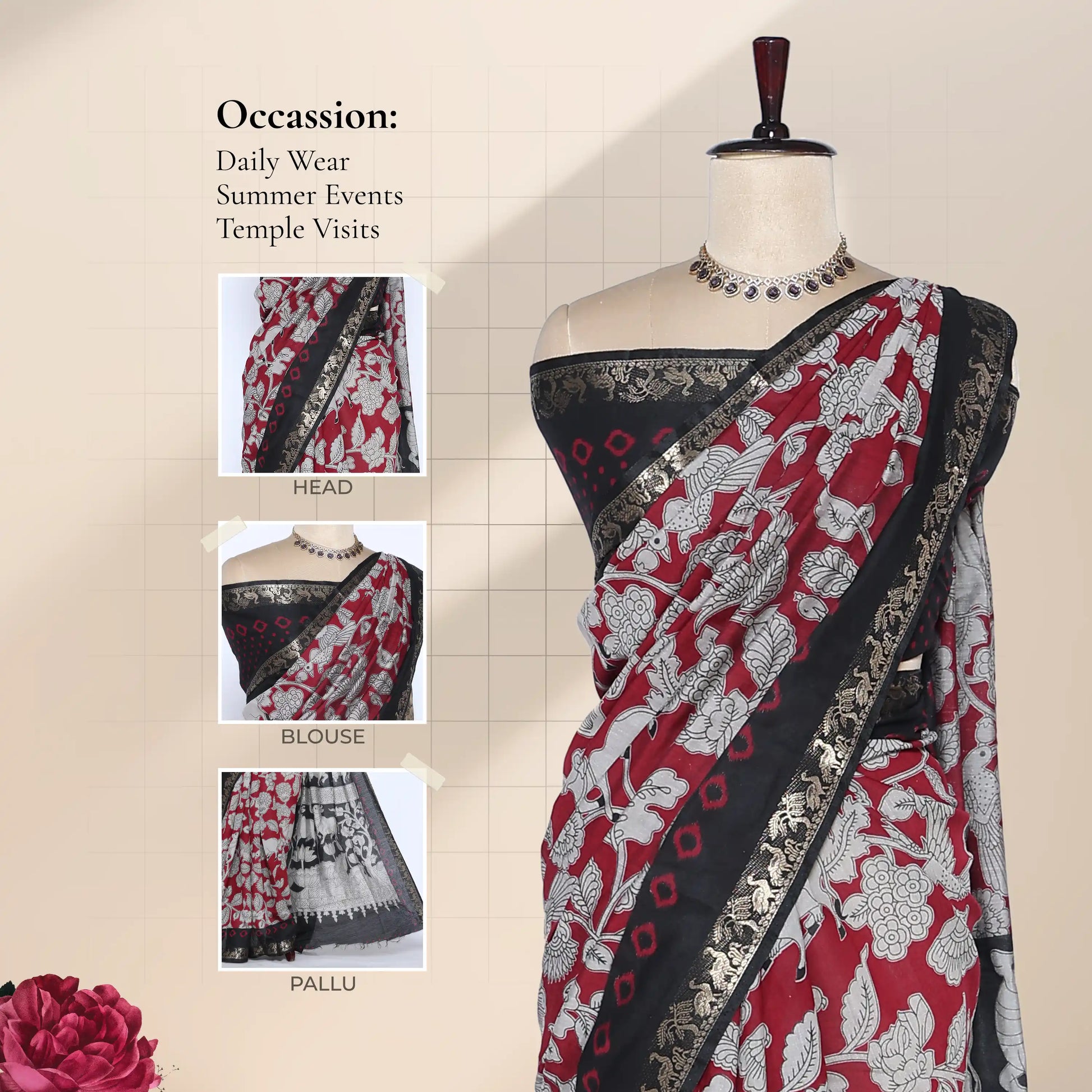 Semi Chanderi saree with maroon floral print and black zari border front drape view on mannequin with blouse and pallu details