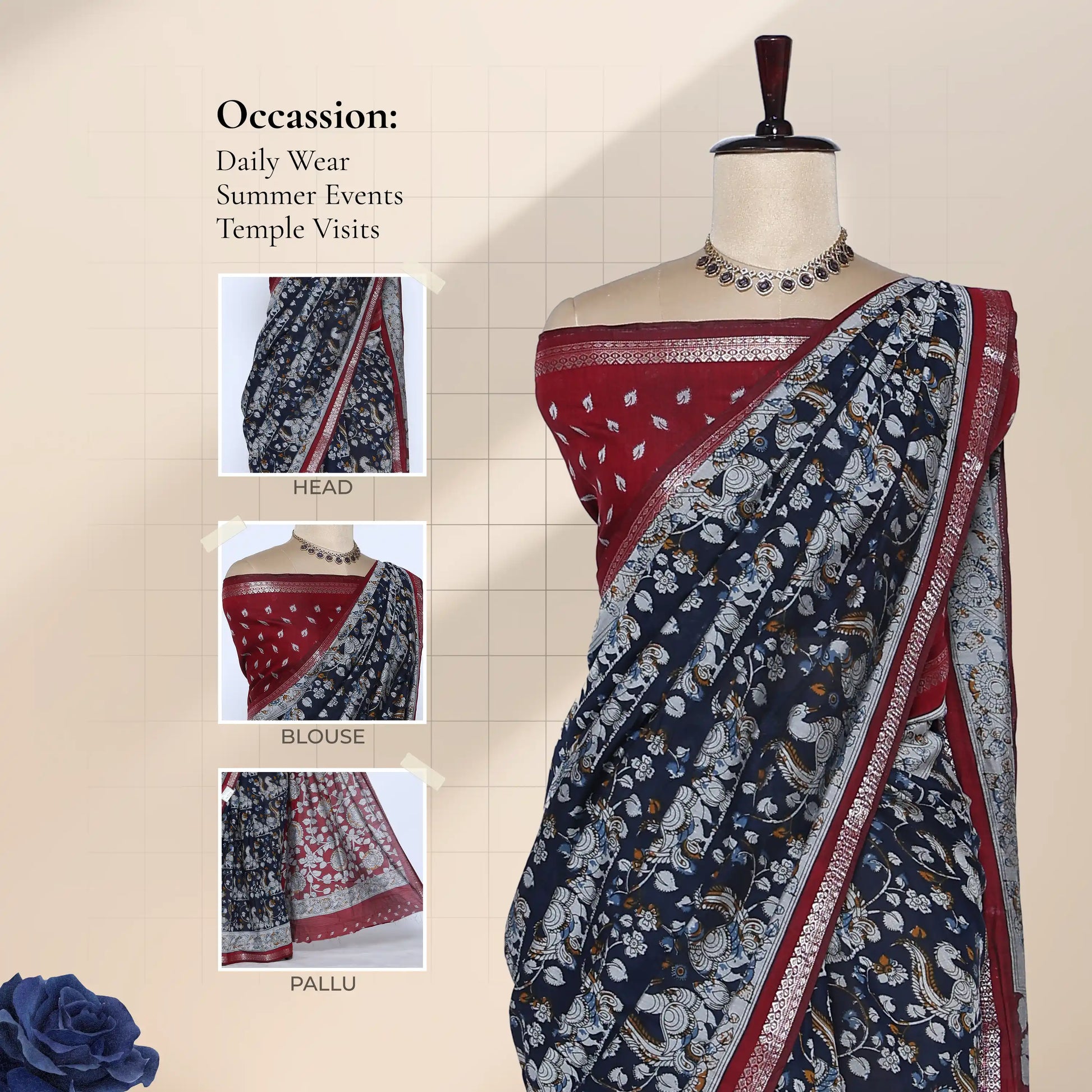 Navy Blue Semi Chanderi Saree with Floral Vine Print and Zari Border on Mannequin - Front View