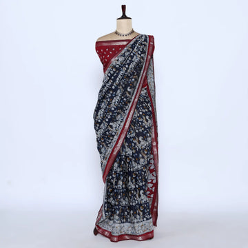 Navy Semi Chanderi Sarees for Women | Temple Visits & Summer Events Collection | Jeyachandran - Full View
