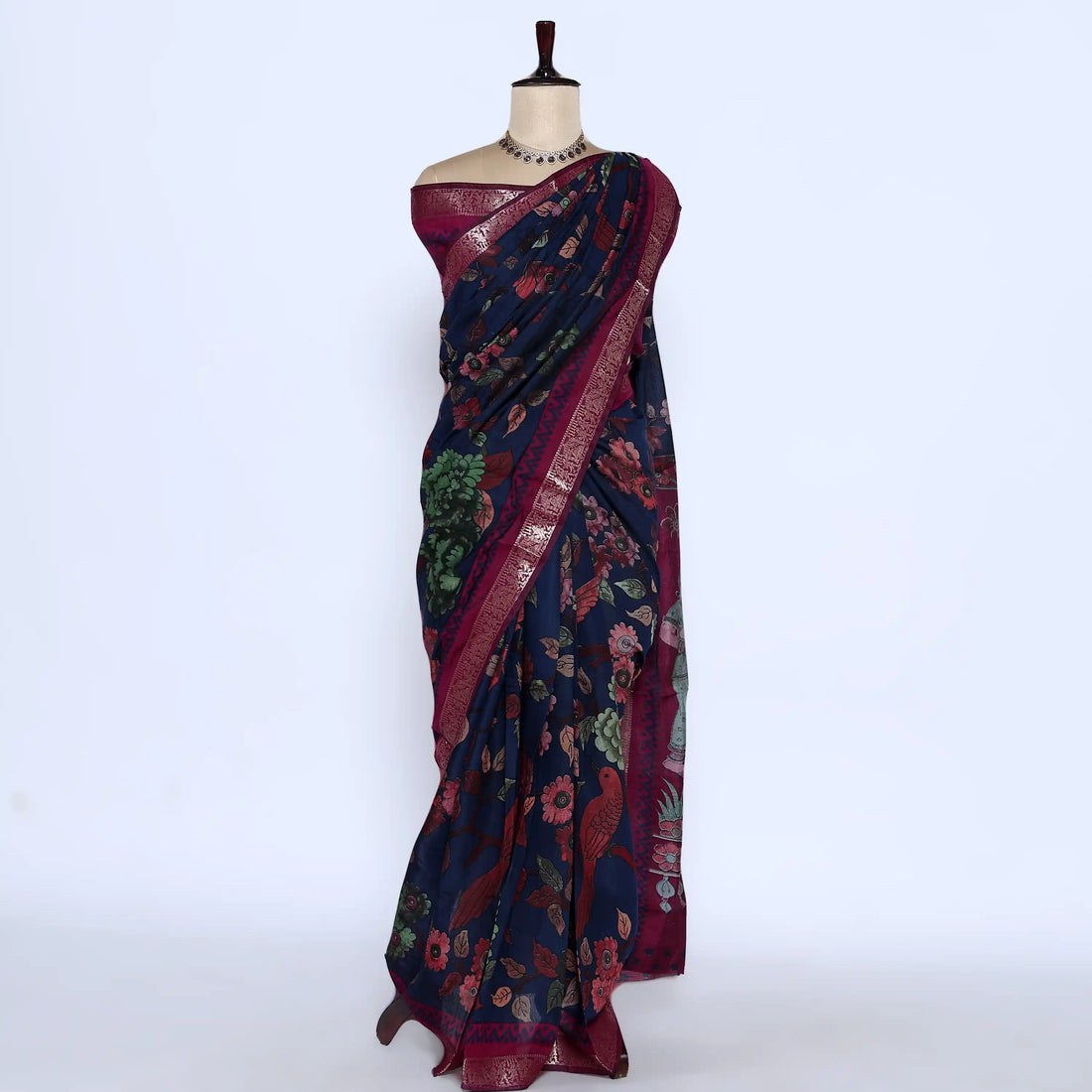 Navy Semi Chanderi Sarees for Women | Temple Visits & Summer Events Collection | Jeyachandran - Full View
