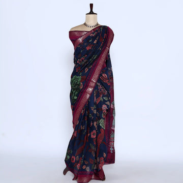 Navy Semi Chanderi Sarees for Women | Temple Visits & Summer Events Collection | Jeyachandran - Full View
