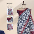 Navy Semi Chanderi saree with white floral print red border front view on mannequin with matching blouse