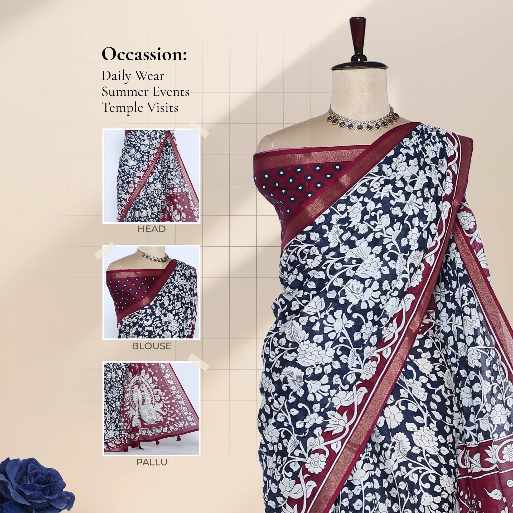 Navy Semi Chanderi saree with white floral print red border front view on mannequin with matching blouse