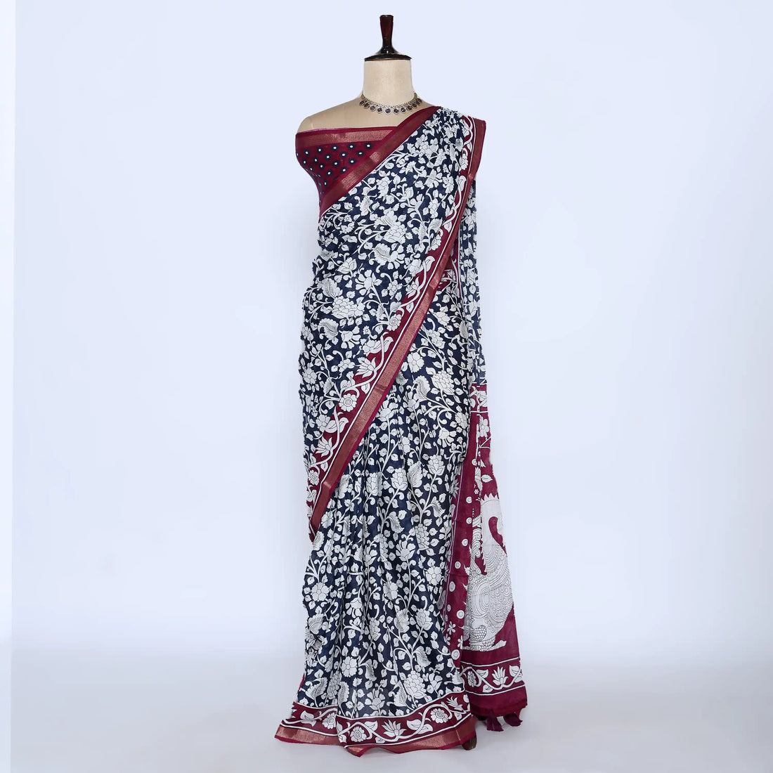Navy Semi Chanderi Sarees for Women | Temple Visits & Summer Events Collection | Jeyachandran - Full View
