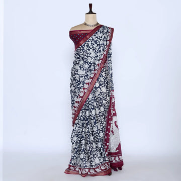 Navy Semi Chanderi Sarees for Women | Temple Visits & Summer Events Collection | Jeyachandran - Full View
