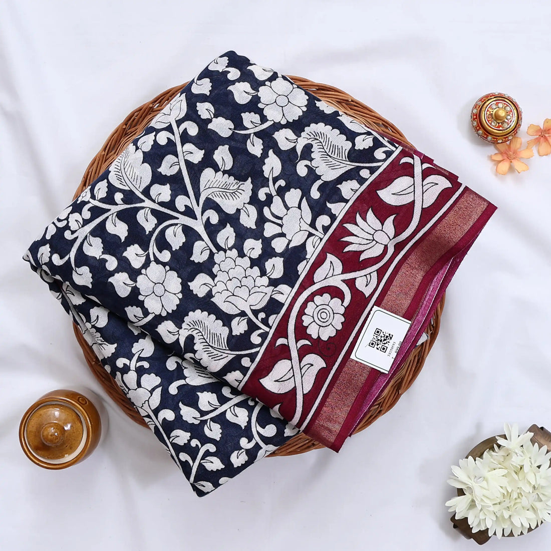 Navy Semi Chanderi Sarees for Women | Temple Visits & Summer Events Collection | Jeyachandran - Full View
