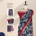 Semi Chanderi saree with large floral print navy blue body and red zari border front view on mannequin