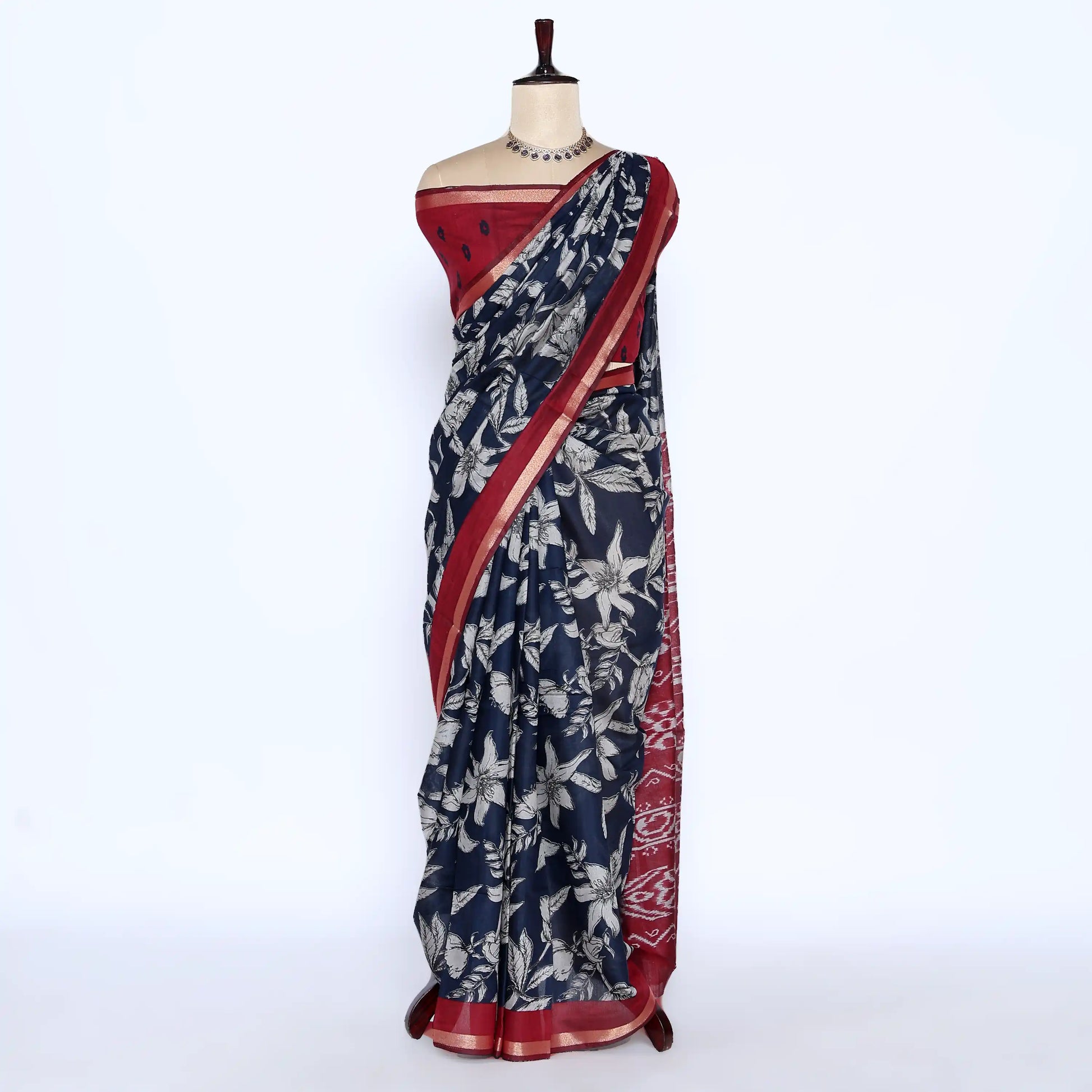 Navy Semi Chanderi Sarees for Women | Temple Visits & Summer Events Collection | Jeyachandran - Full View
