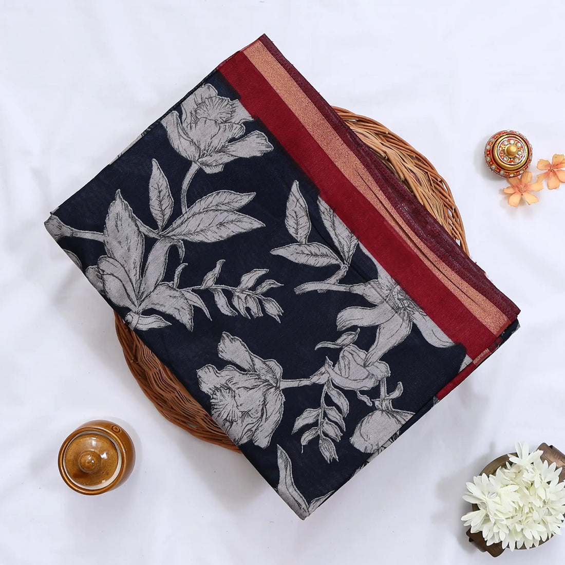 Navy Semi Chanderi Sarees for Women | Temple Visits & Summer Events Collection | Jeyachandran - Full View
