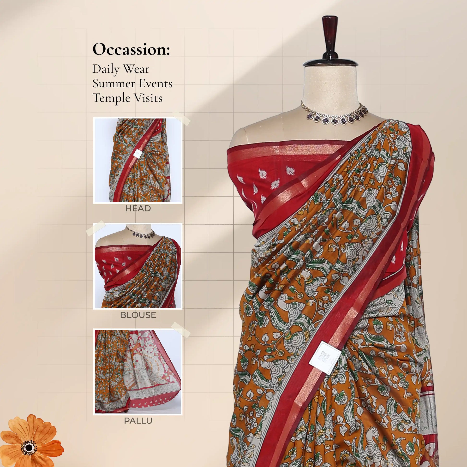 Orange Semi Chanderi Saree with Floral Vine Print and Zari Border on Mannequin - Front View