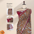Yellow Semi Chanderi Saree with Floral Vine Print and Red Zari Border on Mannequin – Front View