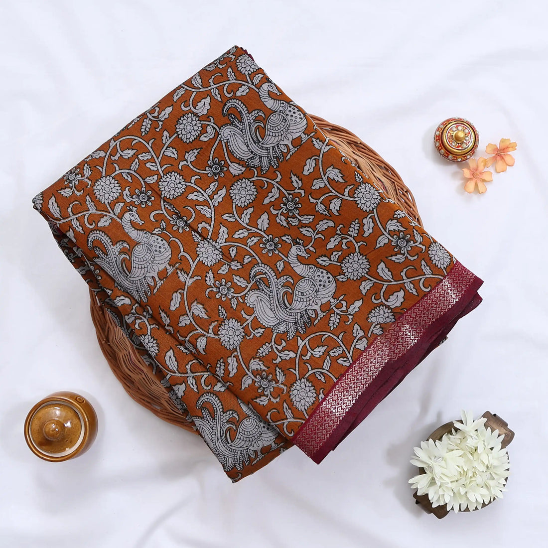 Orange Semi Chanderi Sarees for Women | Temple Visits & Summer Events Collection | Jeyachandran - Full View
